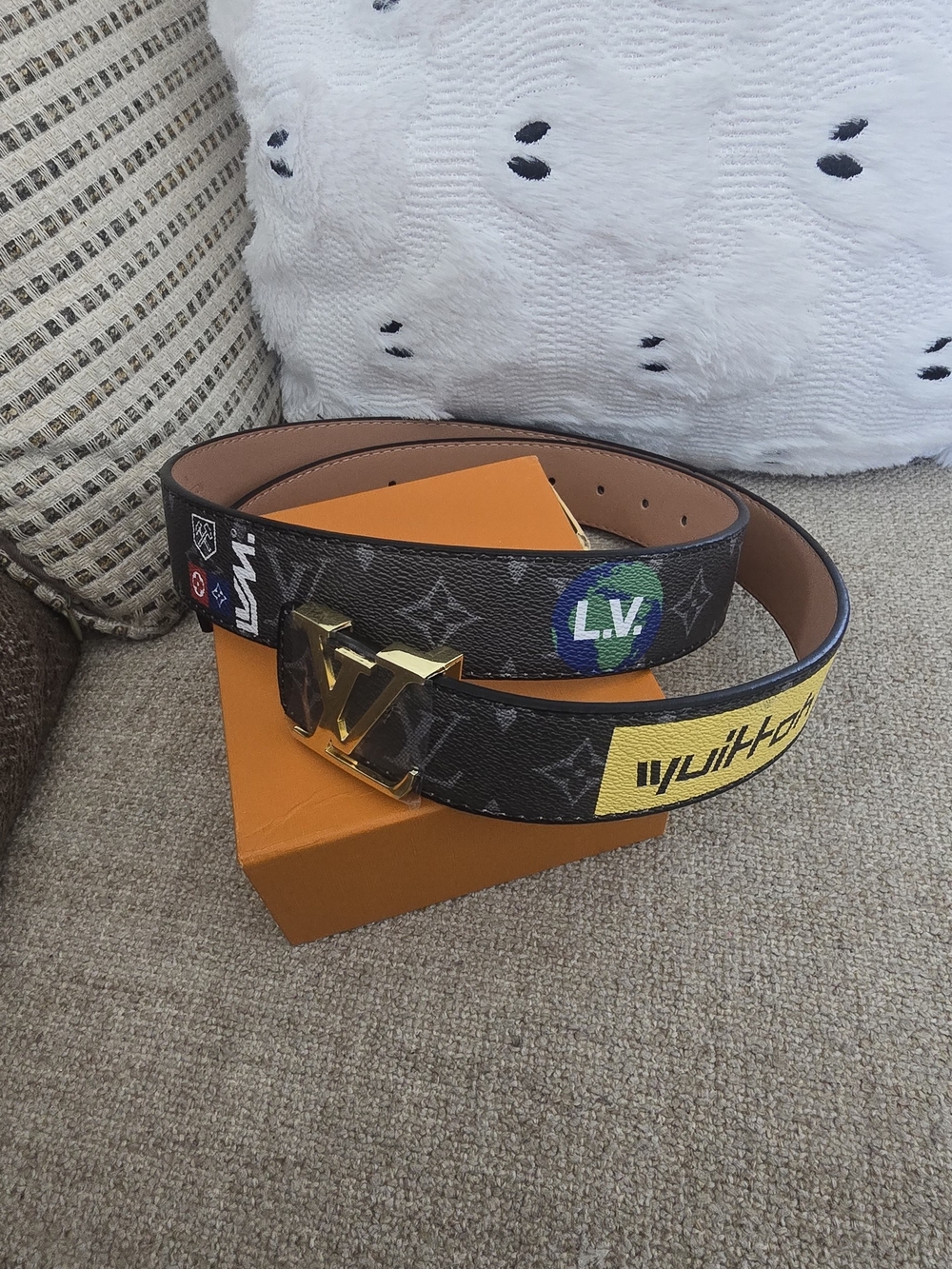 Louis Vuitton Brown Monogram Canvas Belt with Gold LV Buckle and Color Patches